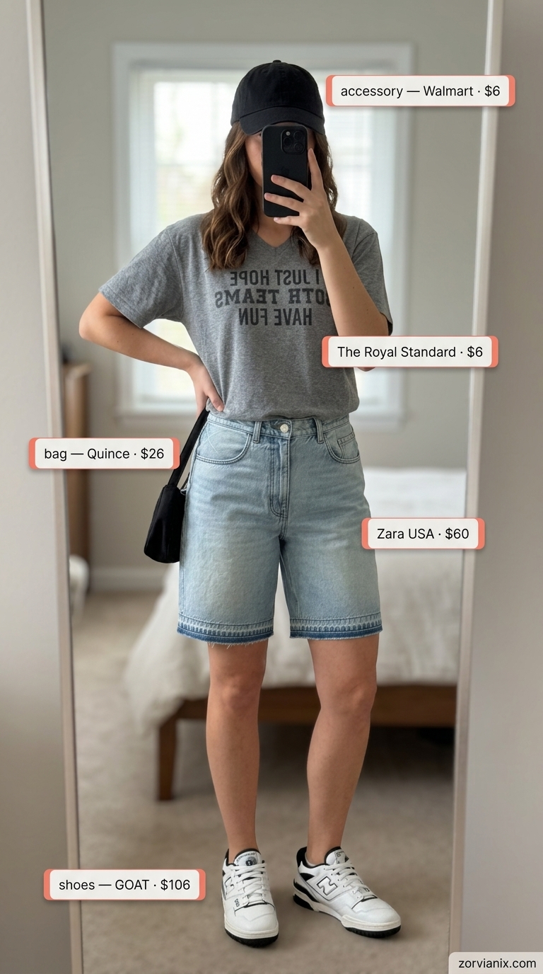 Casual grey V-neck graphic tee with denim shorts for summer v-neck outfits women 2026 weekend.