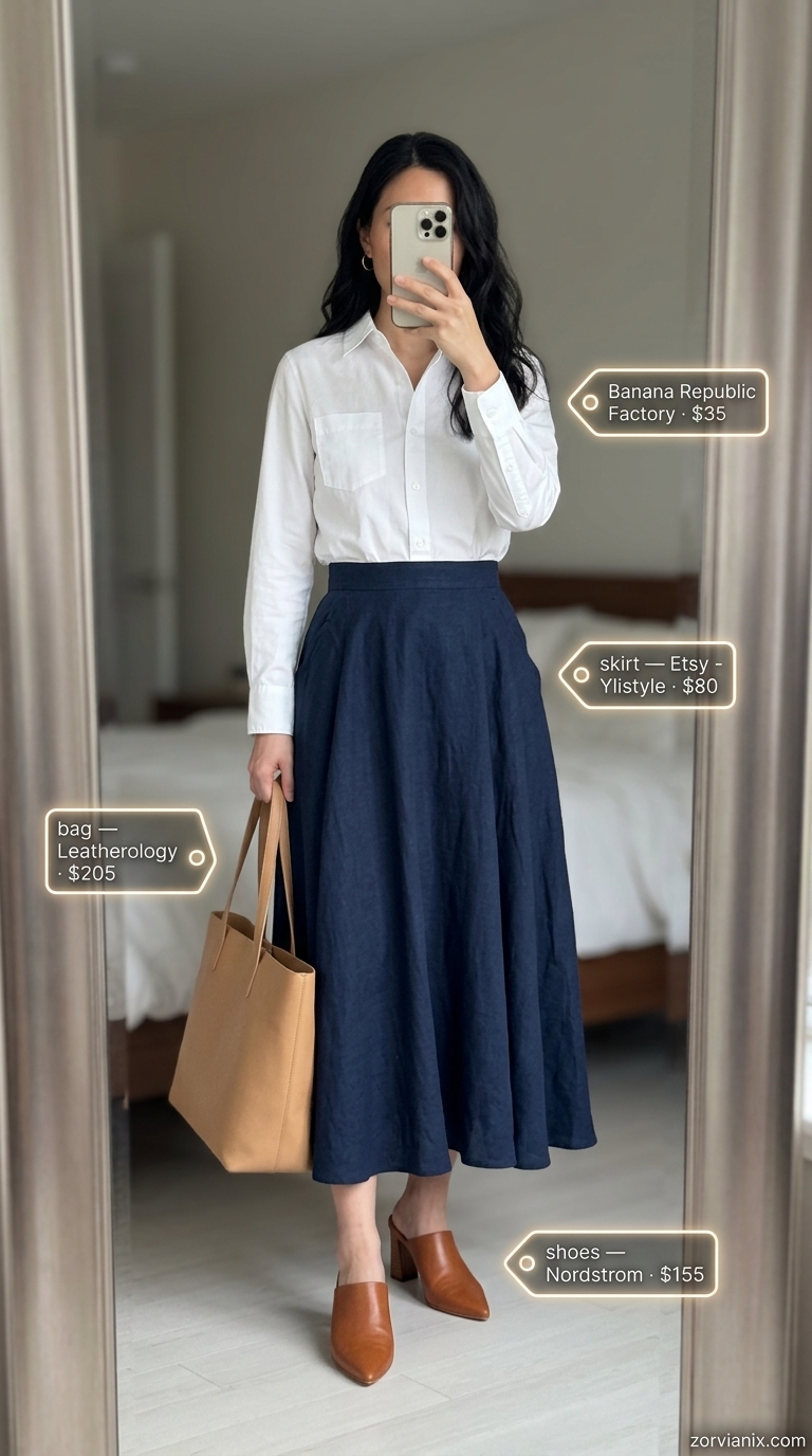 White V-neck shirt, navy midi skirt & tan heels for sophisticated summer v-neck outfits women 2026.
