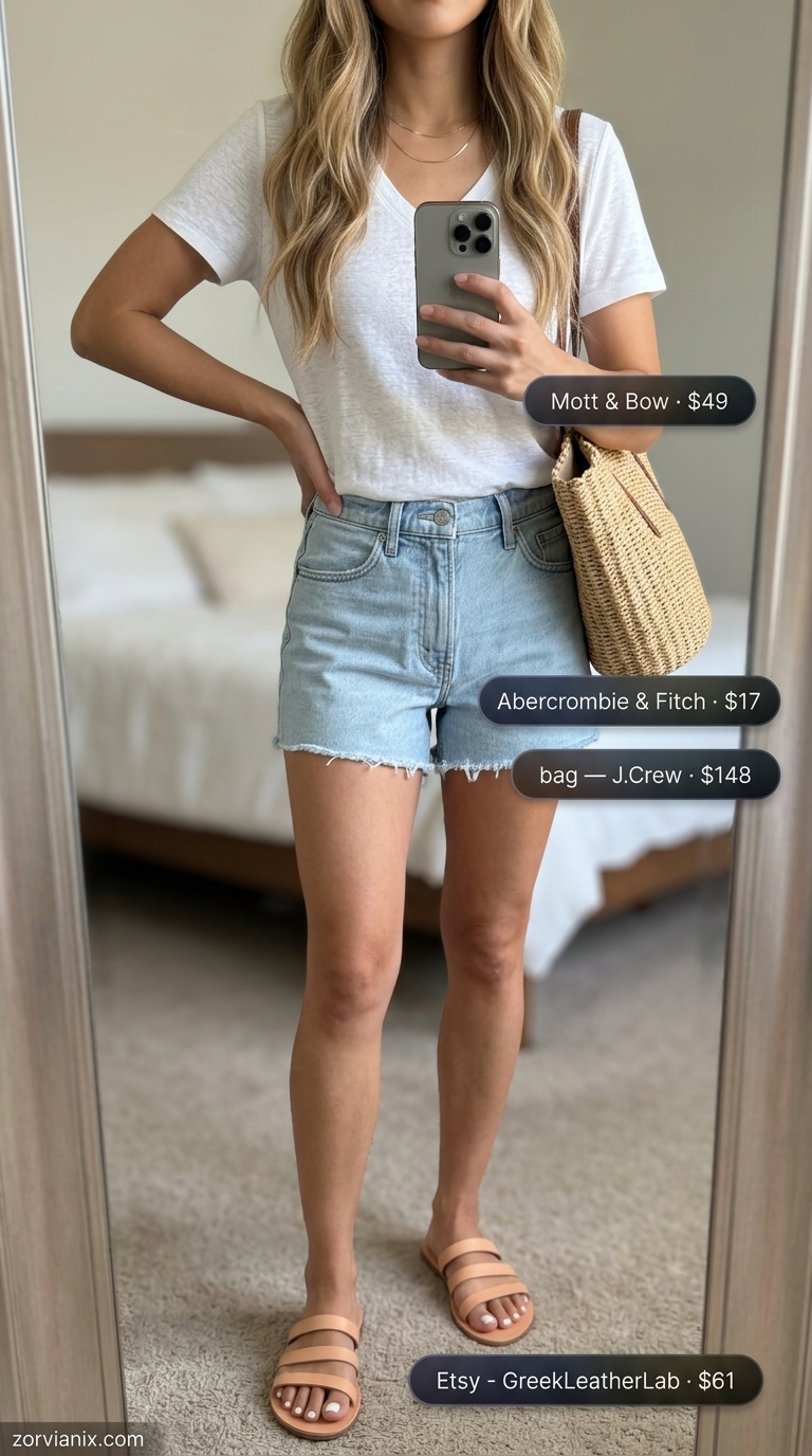 White V-neck tee, denim shorts & tan sandals for breezy summer v-neck outfits women 2026.