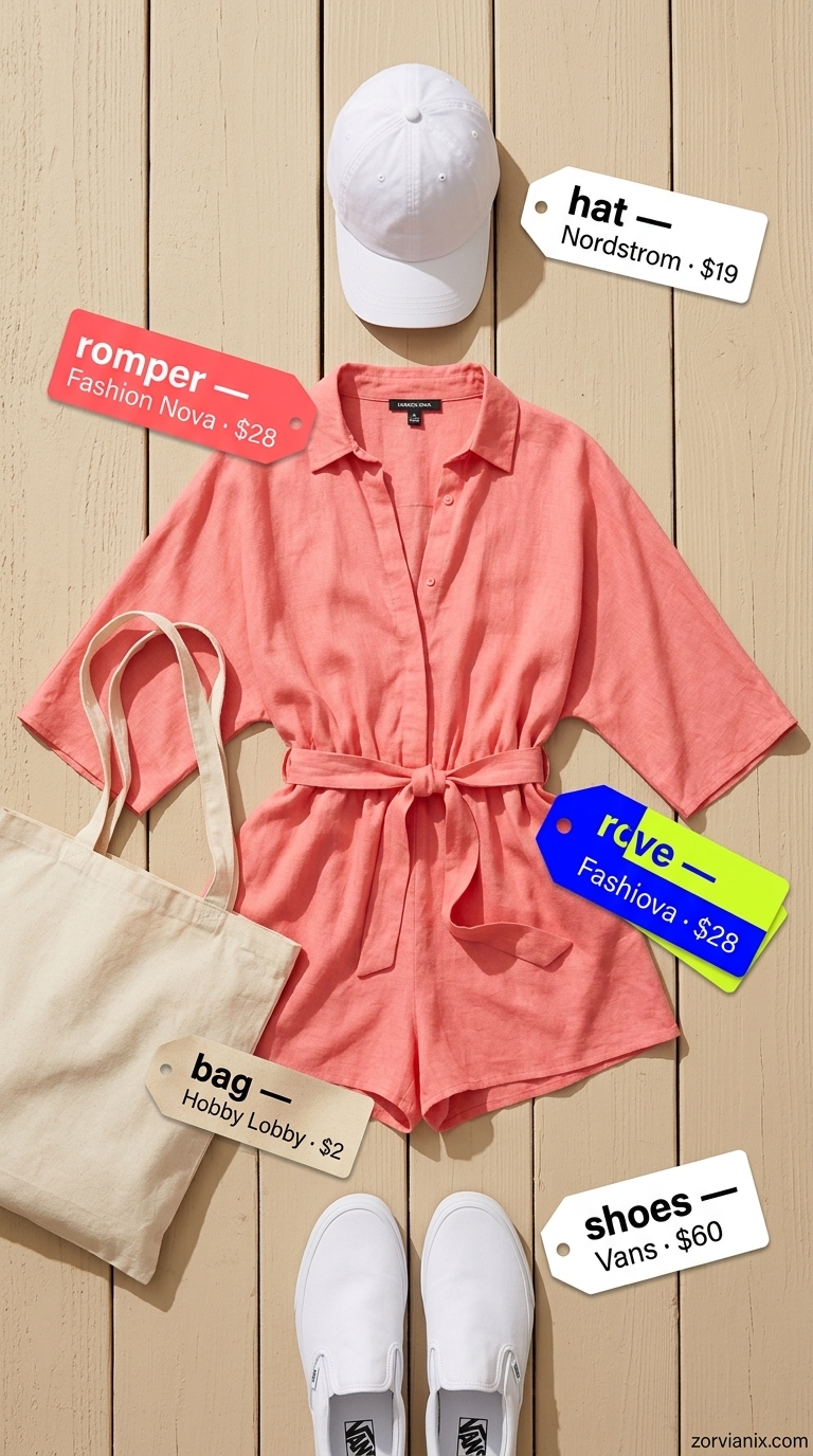 Playful Poolside Charm romper for summer vacation resort outfits for women 2026. Coral pink romper with white sneakers and canvas tote.