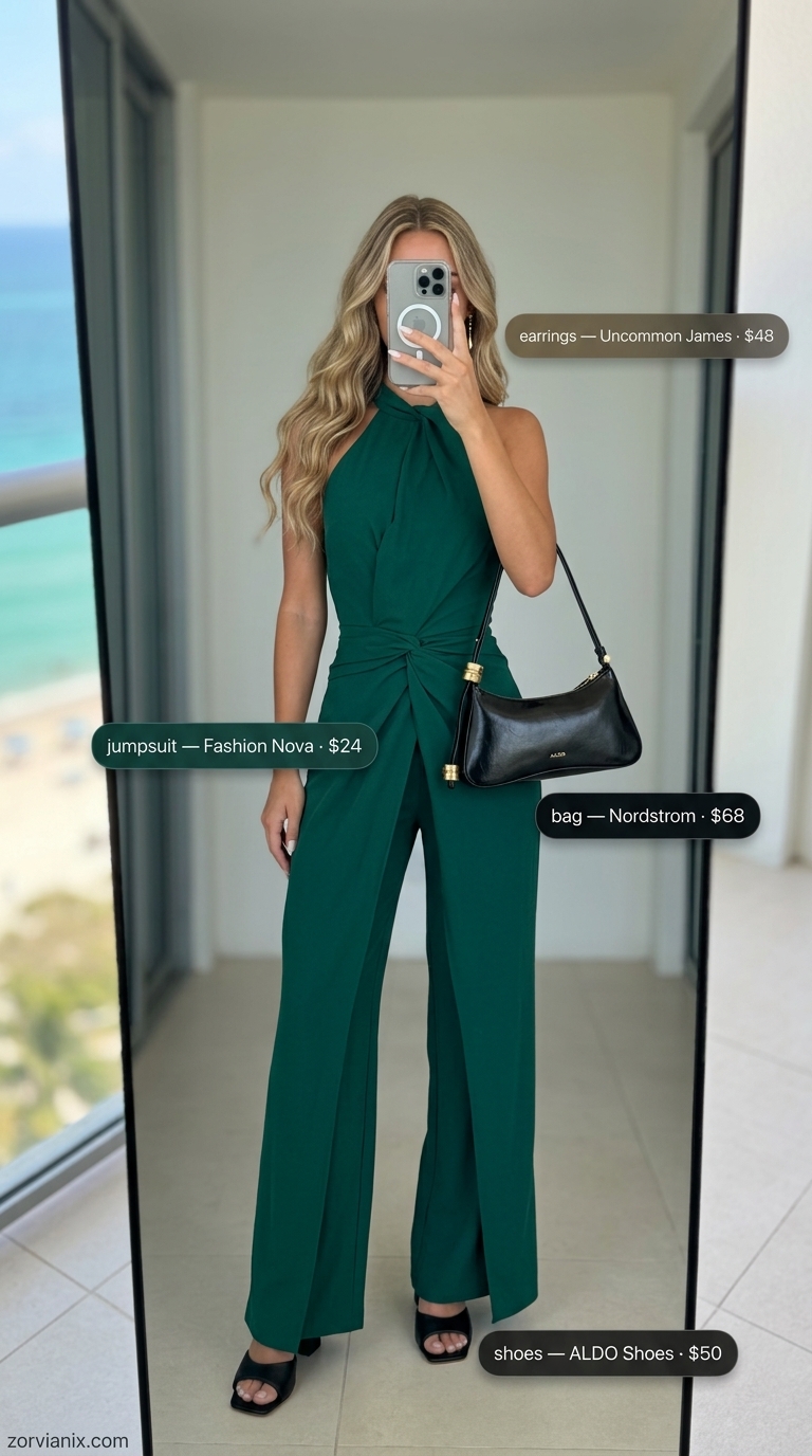 Sunset Lounge Jumpsuit for summer vacation resort outfits for women 2026. Emerald green halter jumpsuit with gold earrings and black heels.