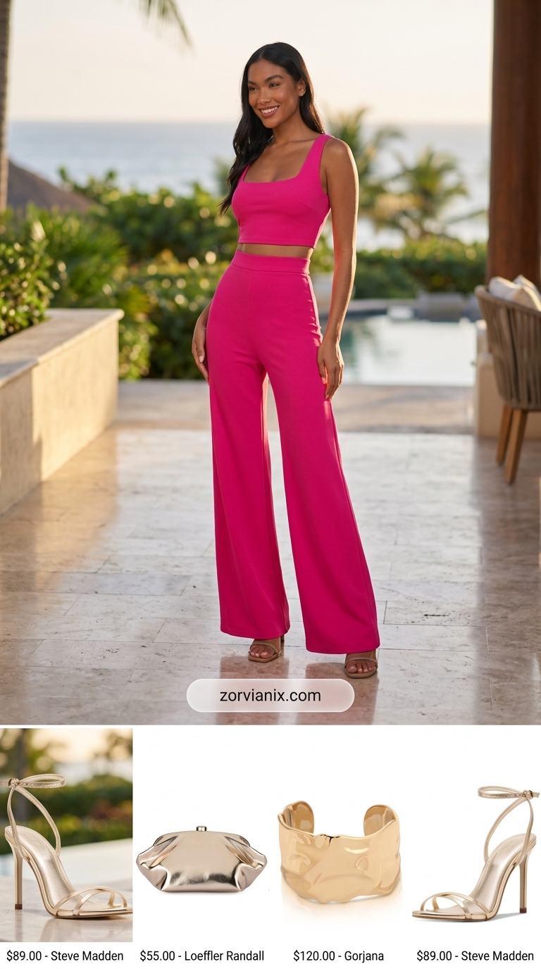 Hot pink matching set with gold heels for summer vacation resort outfits for women 2026.