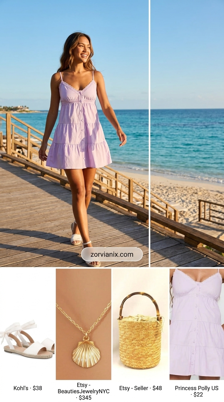 Pastel lavender mini sundress with white espadrilles for summer vacation resort outfits for women 2026.