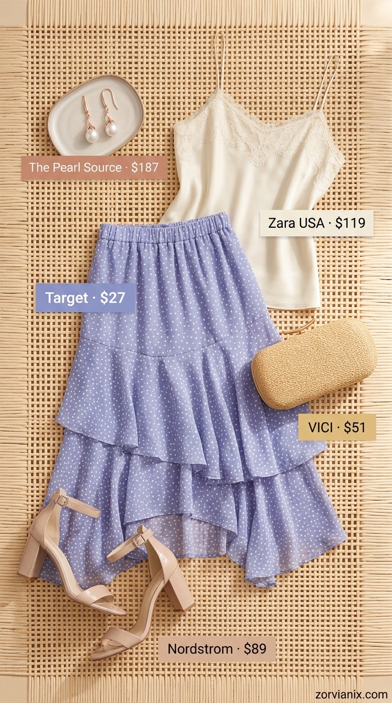 Lavender sunset soiree outfit: flowy midi skirt, lace camisole, block heels, straw clutch. Summer vacation resort outfits for women 2026.