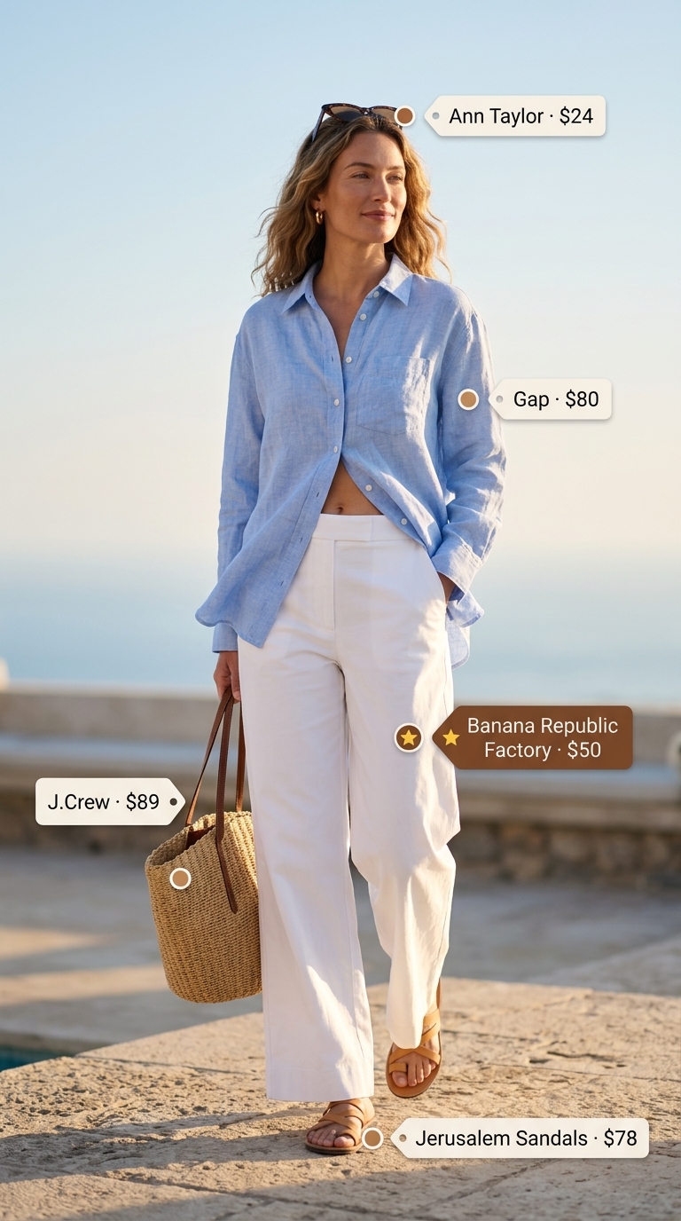 Riviera Linen Leisure outfit for summer vacation resort outfits for women 2026. White linen pants, sky blue shirt, tan slides.