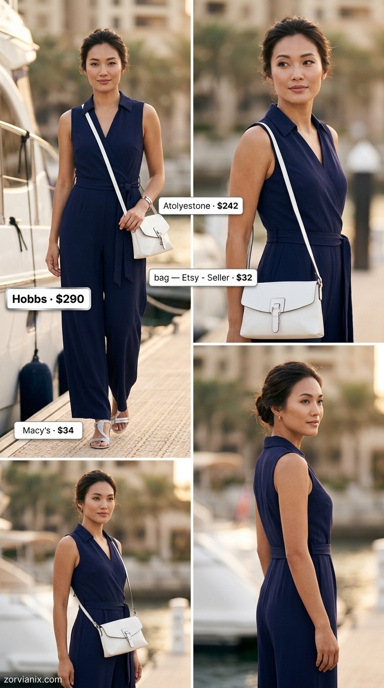 Navy Nights Dining jumpsuit for summer vacation resort outfits for women 2026. Sleeveless wide-leg jumpsuit with silver sandals.