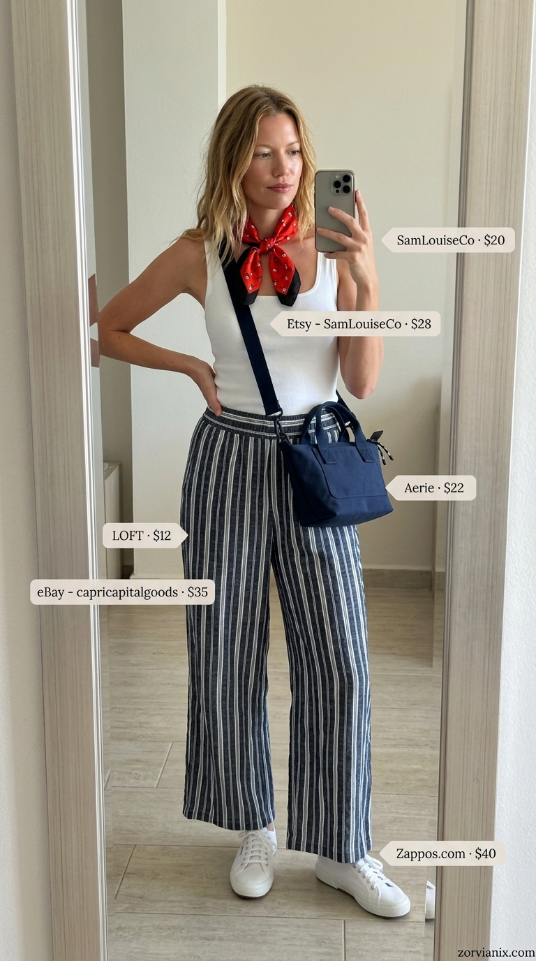 Navy stripe linen pants outfit: wide-leg pants, white tank, red bandana, canvas sneakers. Summer vacation resort outfits for women 2026.