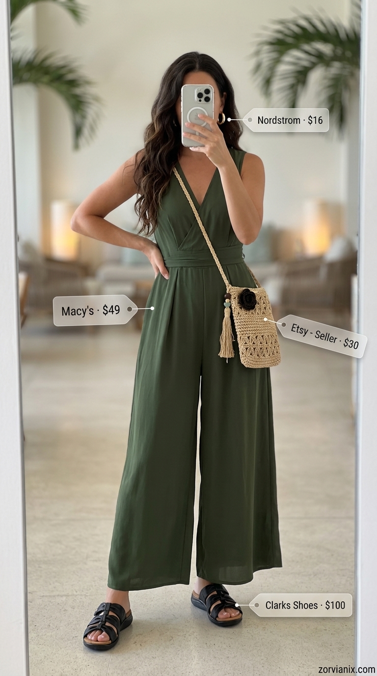 Olive green utility jumpsuit outfit: wide-leg jumpsuit, woven bag, black slides, gold hoops. Summer vacation resort outfits for women 2026.