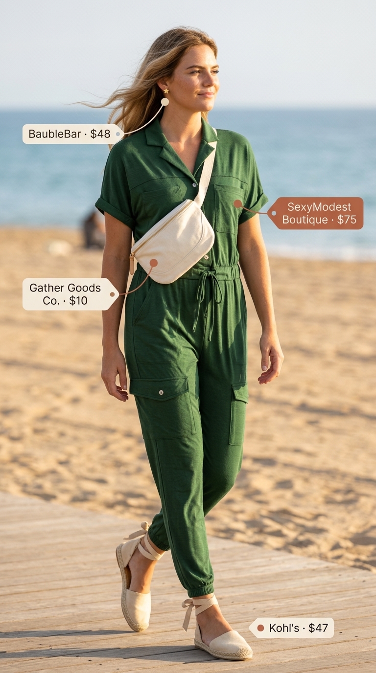 Olive green utility romper for summer vacation resort outfits for women 2026.