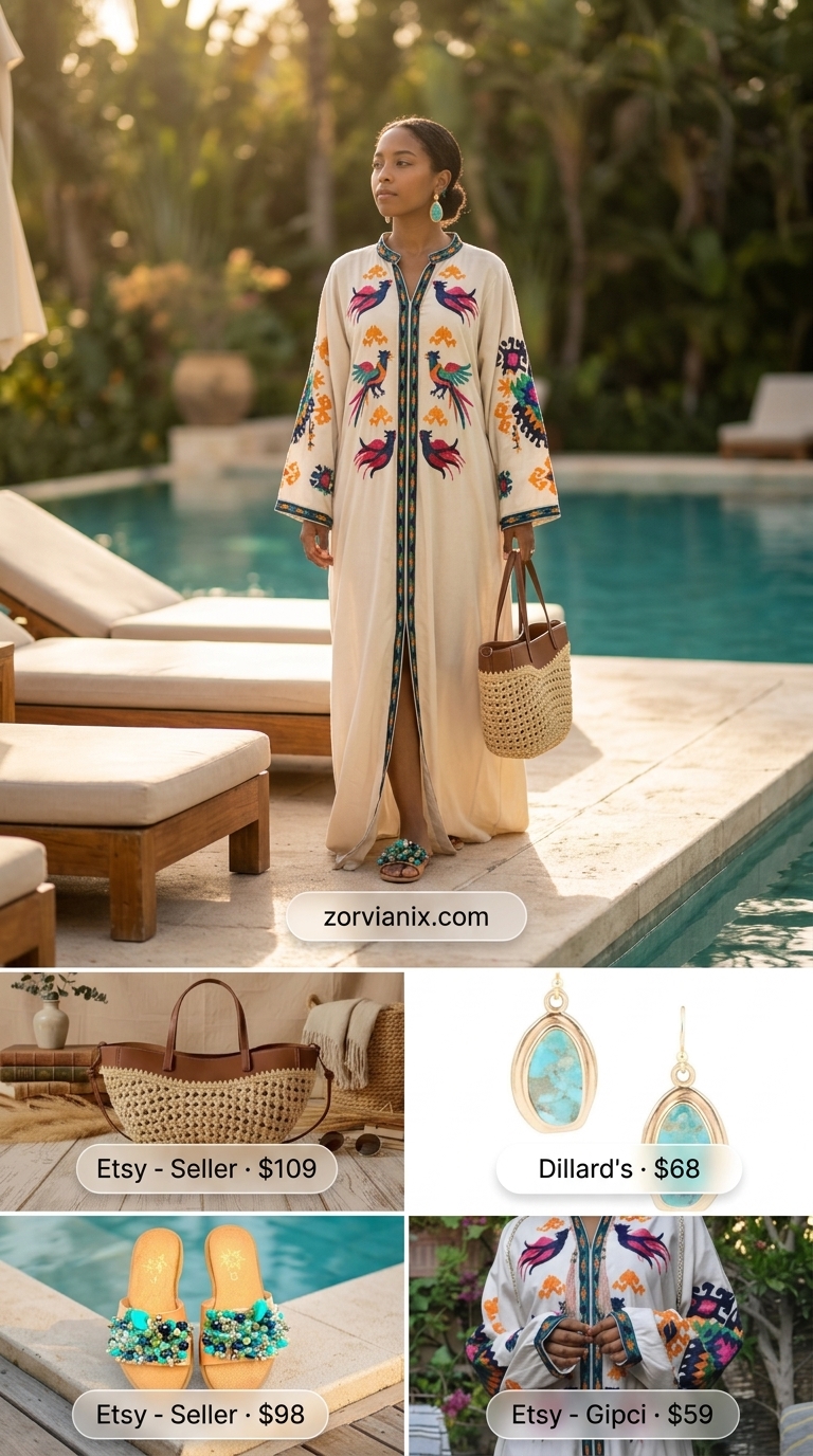 Cream embroidered caftan with gold turquoise sandals for summer vacation resort outfits for women 2026.
