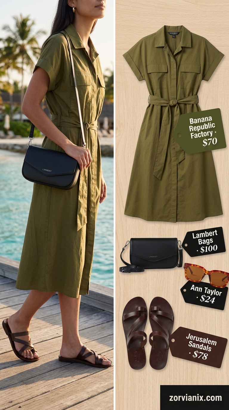 Safari chic lunch outfit: khaki shirt dress, leather slides, crossbody bag, tortoise sunglasses. Summer vacation resort outfits for women 2026.
