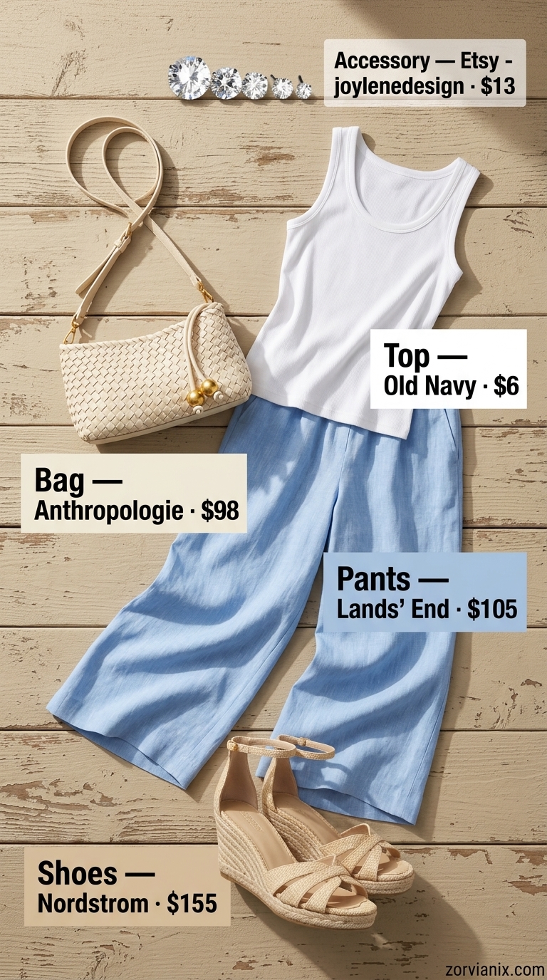 Sky blue linen pants outfit: wide-leg pants, ribbed tank, espadrille wedges, raffia bag. Summer vacation resort outfits for women 2026.