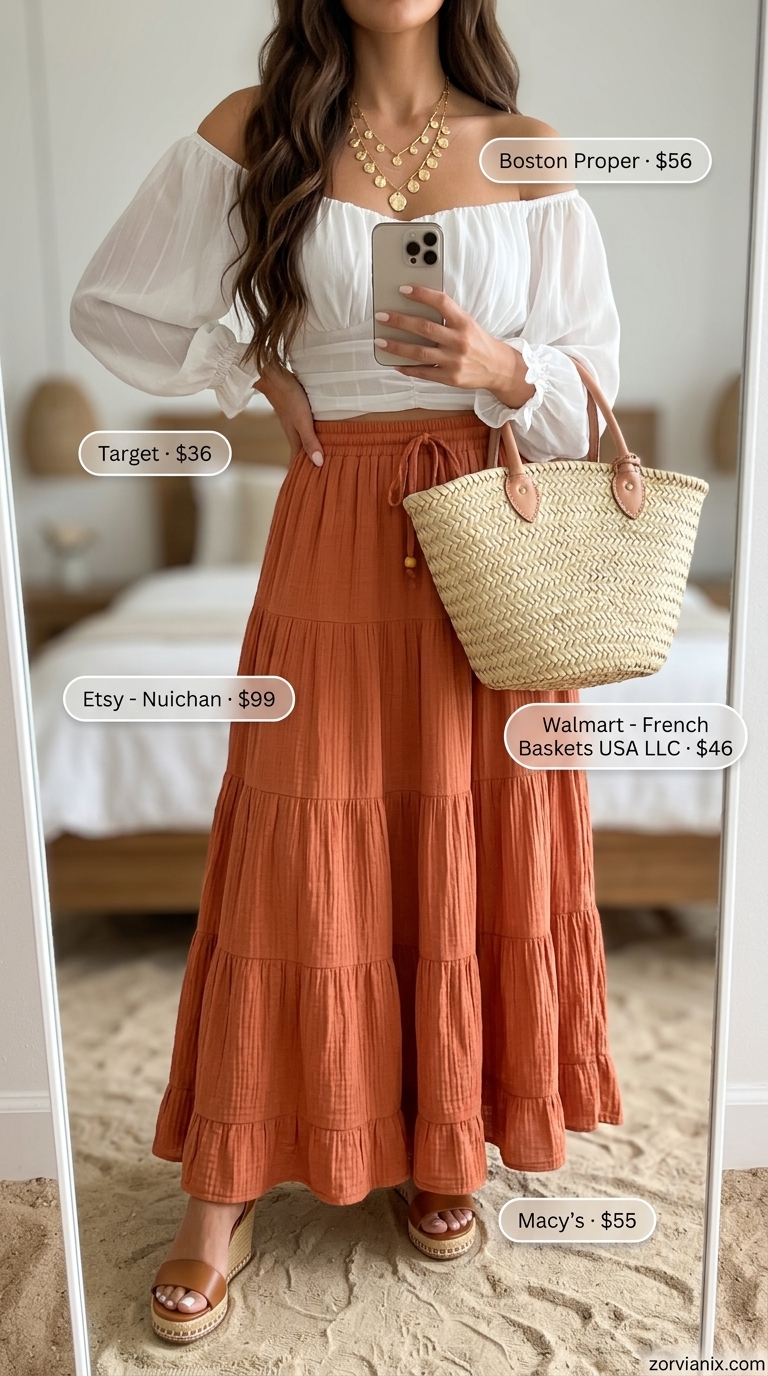 Terracotta tiered midi skirt with cream crop top for summer vacation resort outfits for women 2026.