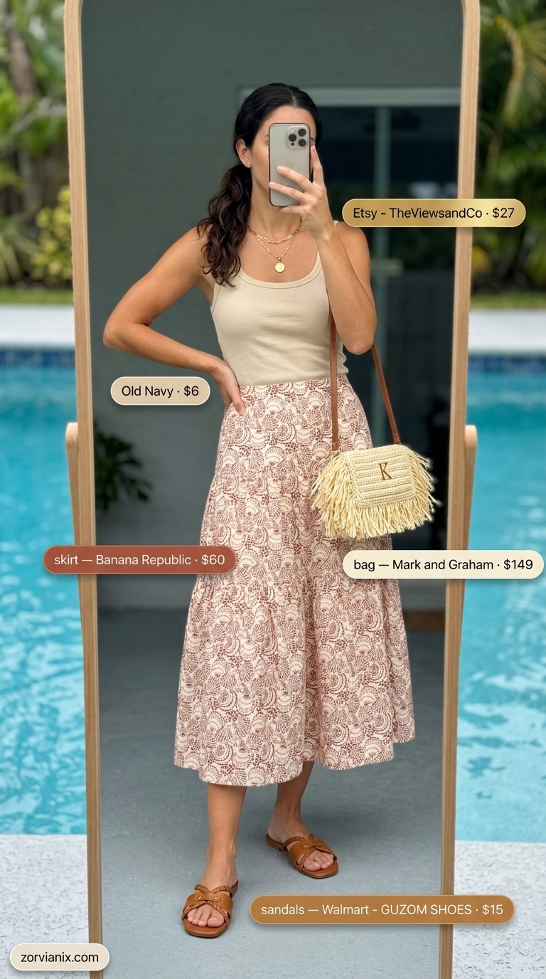 Terracotta tiered midi skirt with cream tank for summer vacation resort outfits for women 2026.