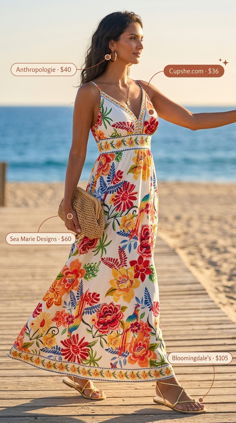 Vibrant orange, pink, yellow tropical maxi dress with gold sandals for summer vacation resort outfits for women 2026.