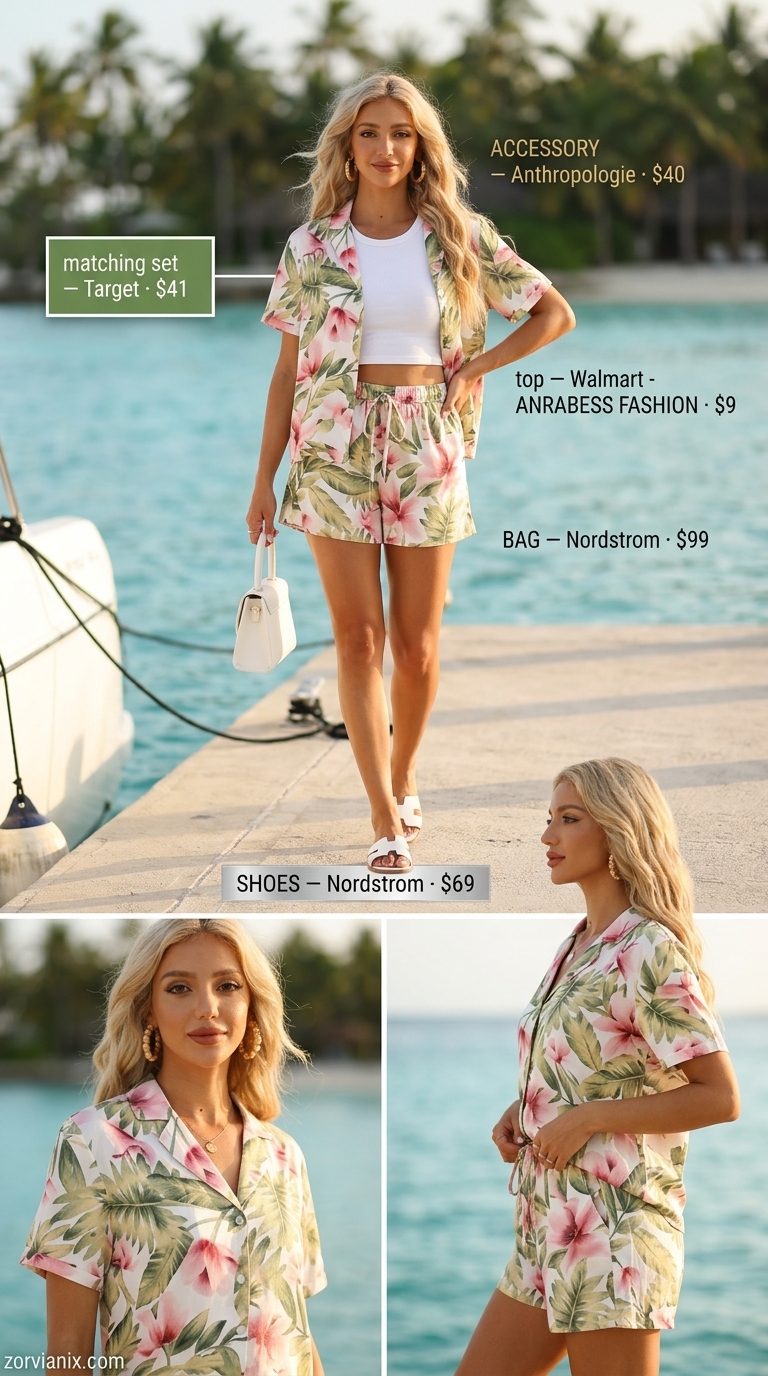 Tropical Print Paradise matching set for summer vacation resort outfits for women 2026. Palm print shorts and shirt with white tank.