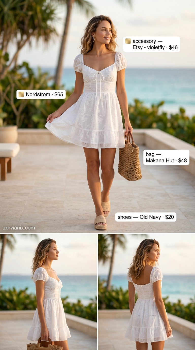 White Eyelet Daydream dress for summer vacation resort outfits for women 2026. Eyelet mini dress with espadrilles and straw tote.