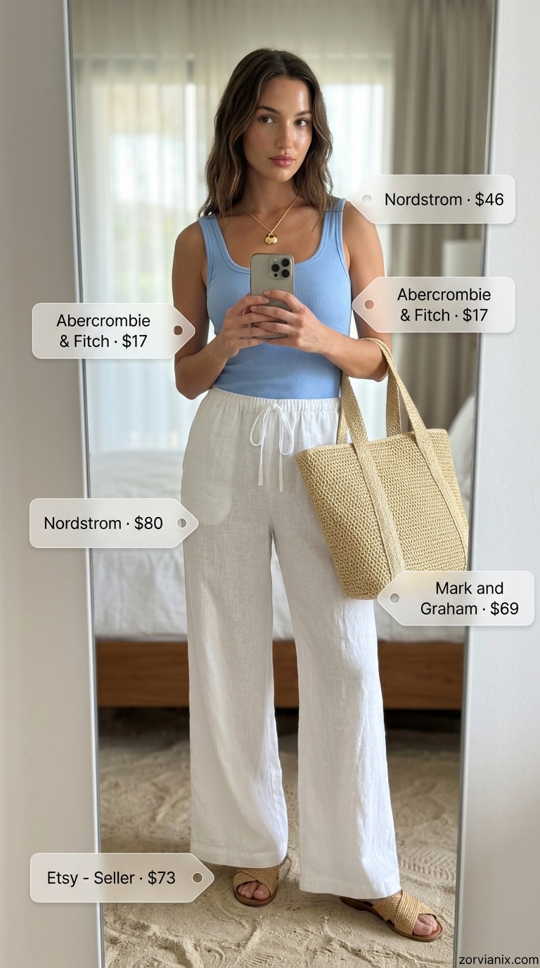 White linen pants with sky blue tank for summer vacation resort outfits for women 2026.