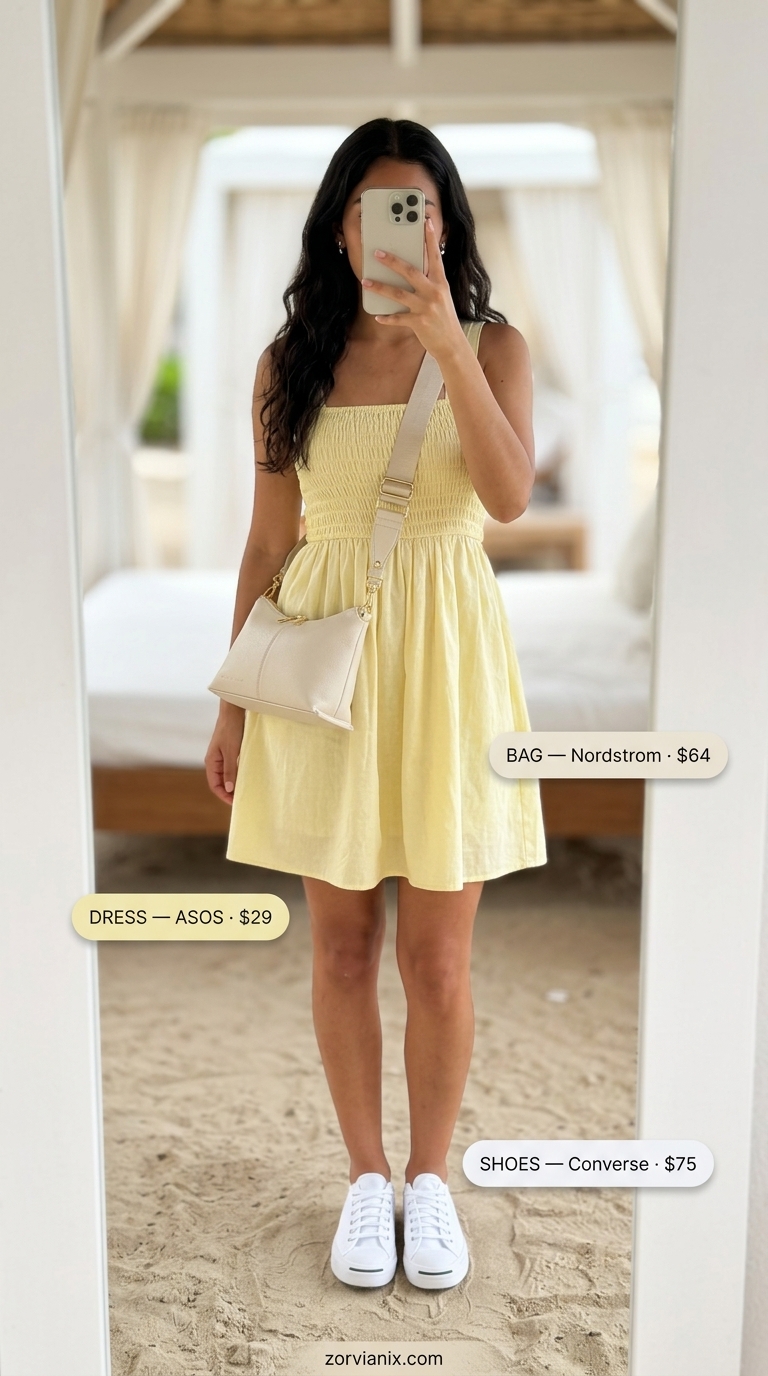 Sundrenched Sweetheart Day dress for summer vacation resort outfits for women 2026. Pastel yellow smocked dress with white sneakers.