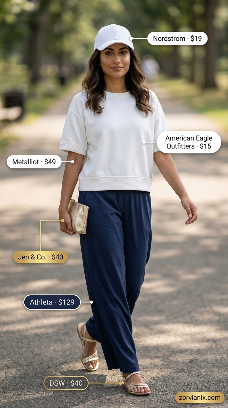 Comfortable navy wide leg knit pants with a white sweatshirt for athleisure summer 2026 travel outfits.