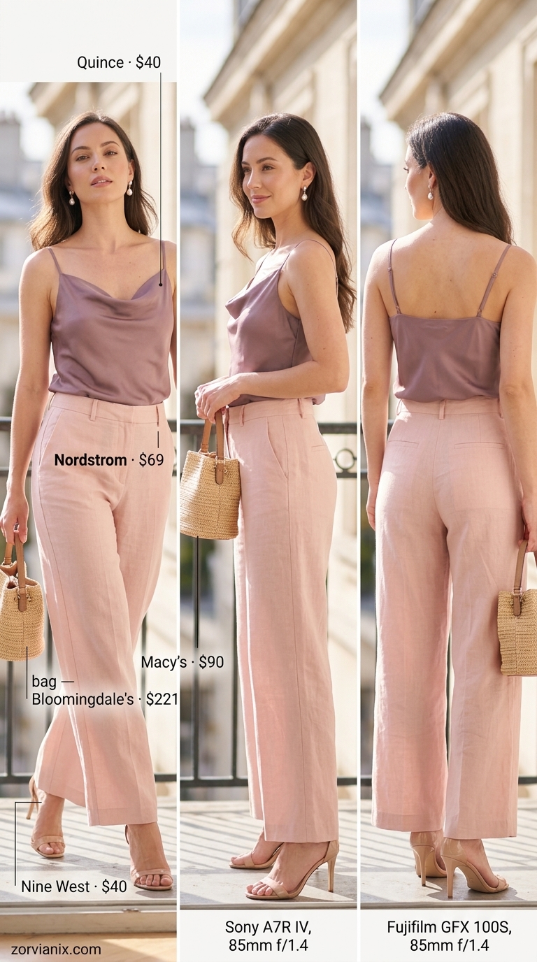 Romantic blush pink satin wide leg pants with a white cowl neck camisole for summer 2026 date night outfits.
