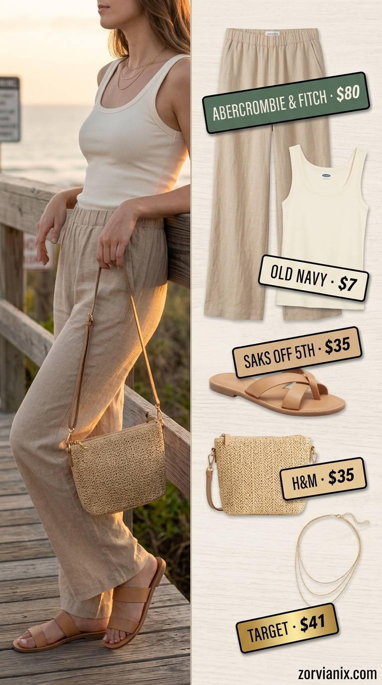 Relaxed sage green wide leg pants with a cream camisole for effortless summer 2026 evening outfits.