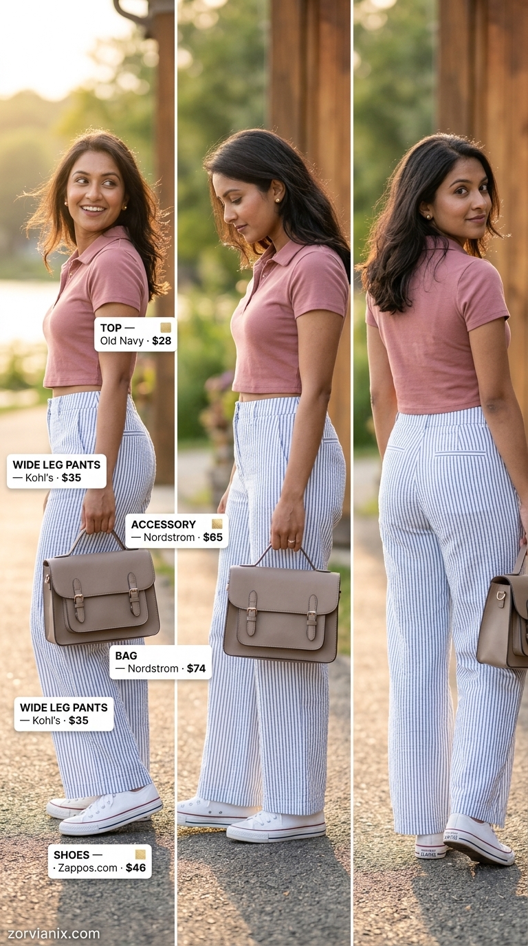 Preppy navy and white stripe wide leg pants with a red polo for summer 2026 lakeside outfits.