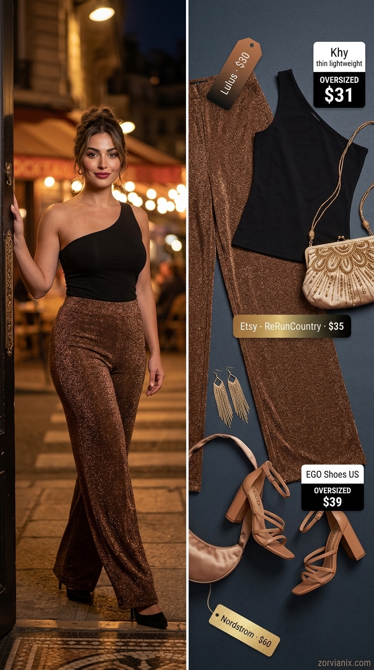 Glamorous bronze metallic wide leg pants with a black one-shoulder top for summer 2026 cocktail outfits.