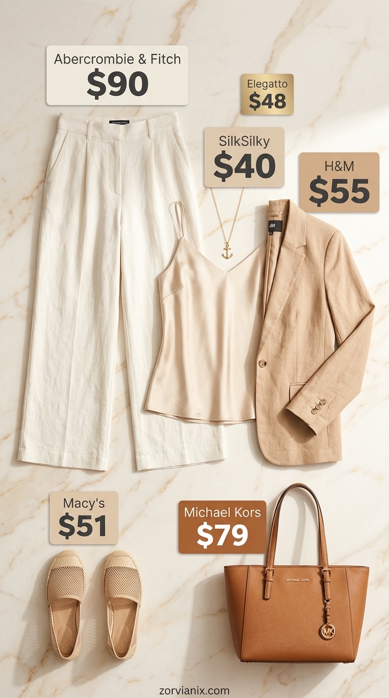 Sophisticated cream wide leg pants with a blazer for polished summer 2026 office outfits.