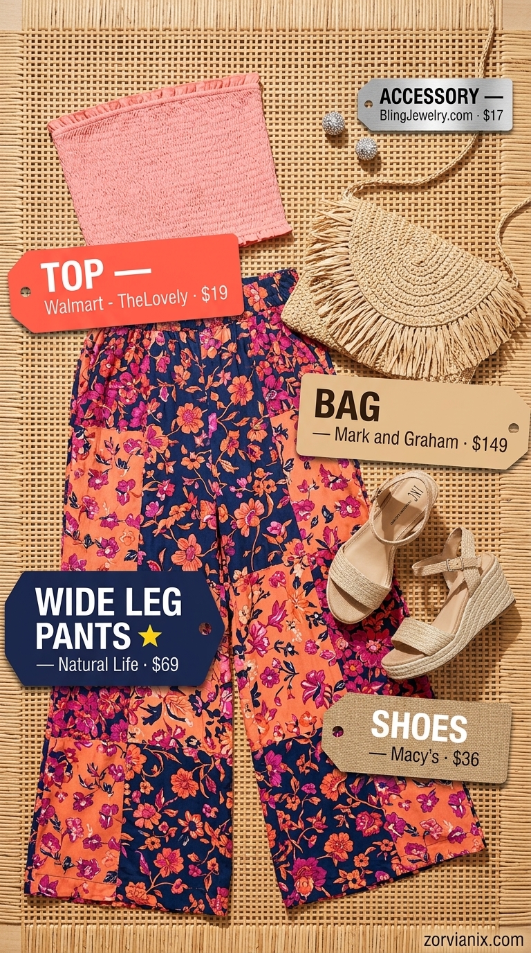 Vibrant tropical floral wide leg pants with a coral pink bandeau top for summer 2026 getaway outfits.