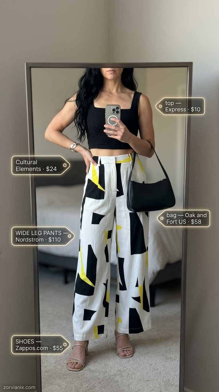Modern Artistry: Black & yellow abstract print wide leg pants, black crop top, silver cuff, art gallery outfit 2026.