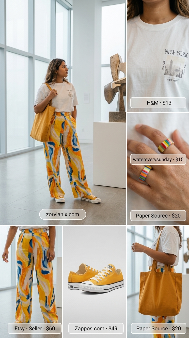 Gallery hopping summer wide leg pants outfits for women 2026: abstract print pants, white graphic tee, orange tote.