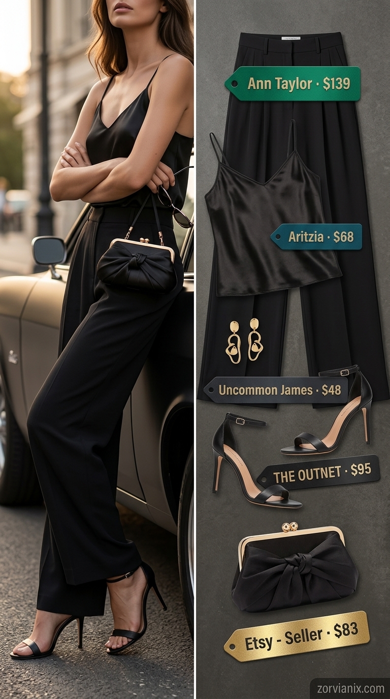 Monochrome Summer Chic: Black tailored wide leg pants, black silk top, gold jewelry, elegant evening outfit 2026.