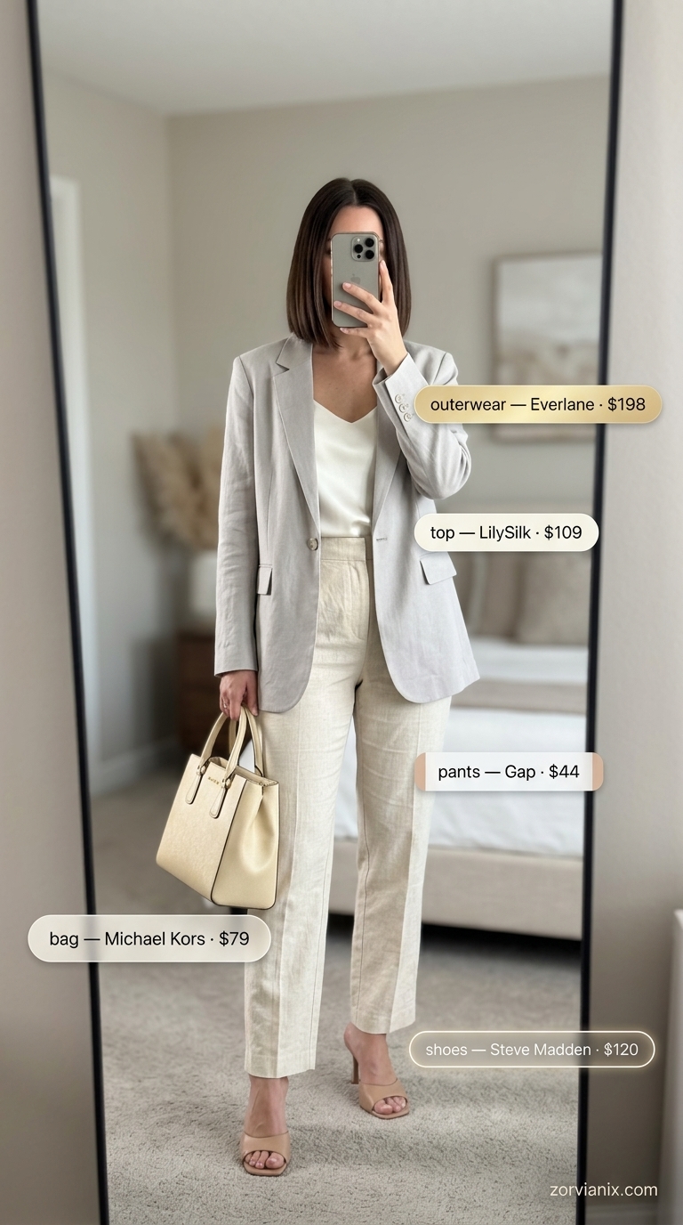 Summer office chic wide leg pants outfits for women 2026: cream linen blazer, matching trousers, silk cami.