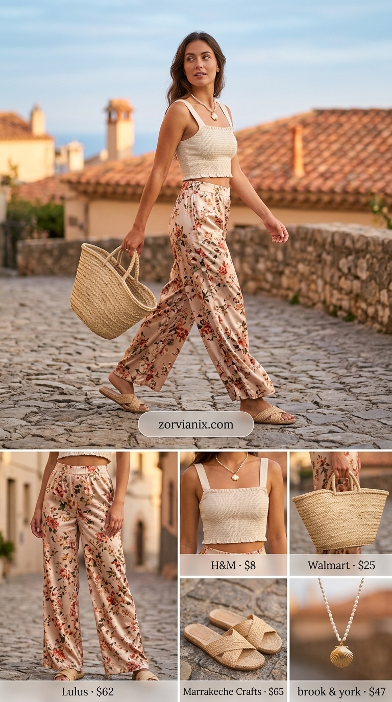 Island escape summer wide leg pants outfits for women 2026: ocean blue floral pants, white off-shoulder top, straw tote.