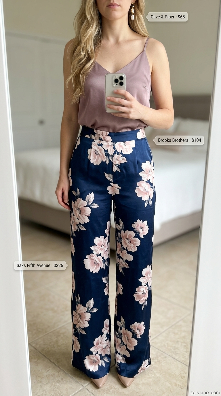 Garden Party Glamour: Navy floral wide leg satin pants, blush camisole, pearl earrings, elegant event outfit 2026.