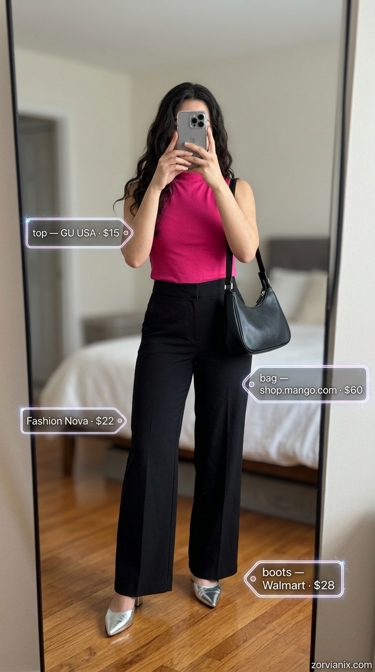 Bold city summer wide leg pants outfits for women 2026: fuchsia trousers, black mock neck top, silver earrings.