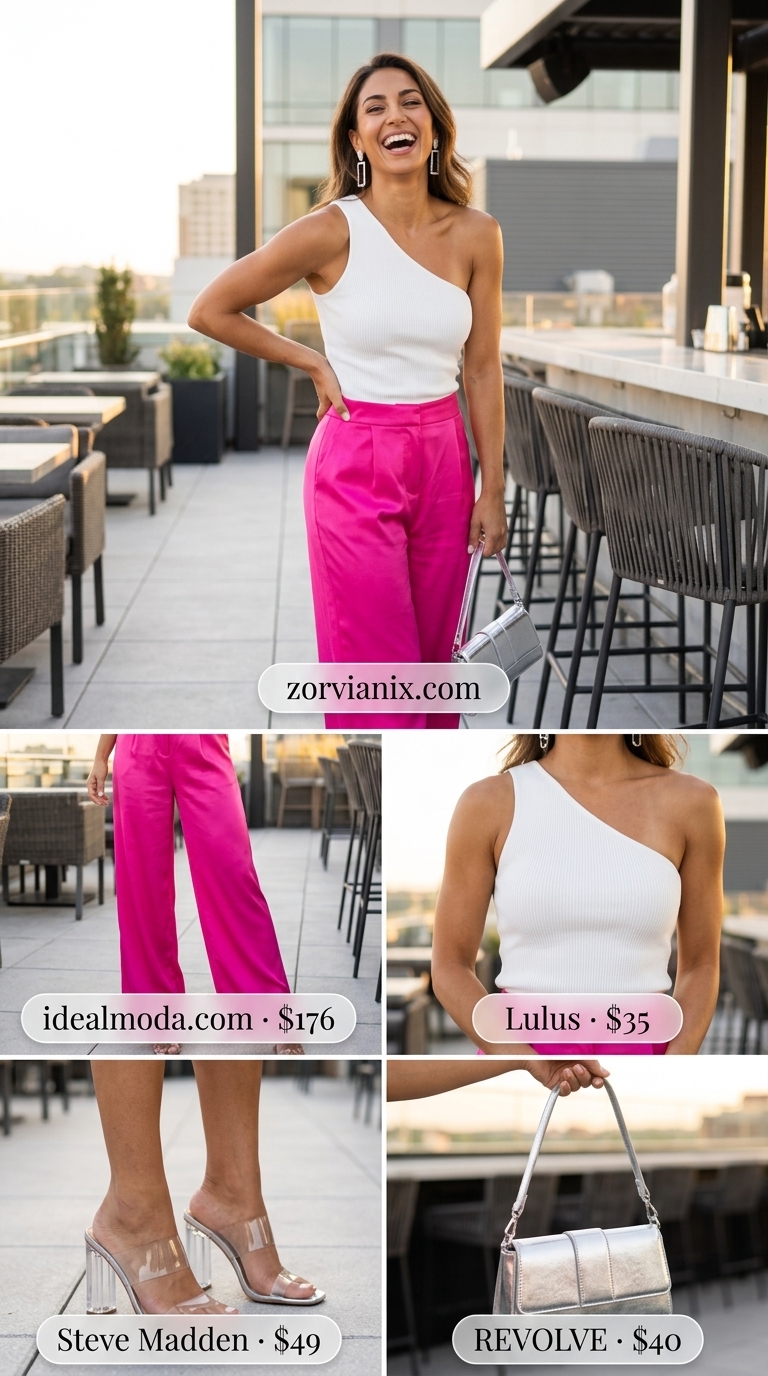Glamorous summer wide leg pants outfit for women 2026: hot pink satin pants, white one-shoulder top, silver heels.