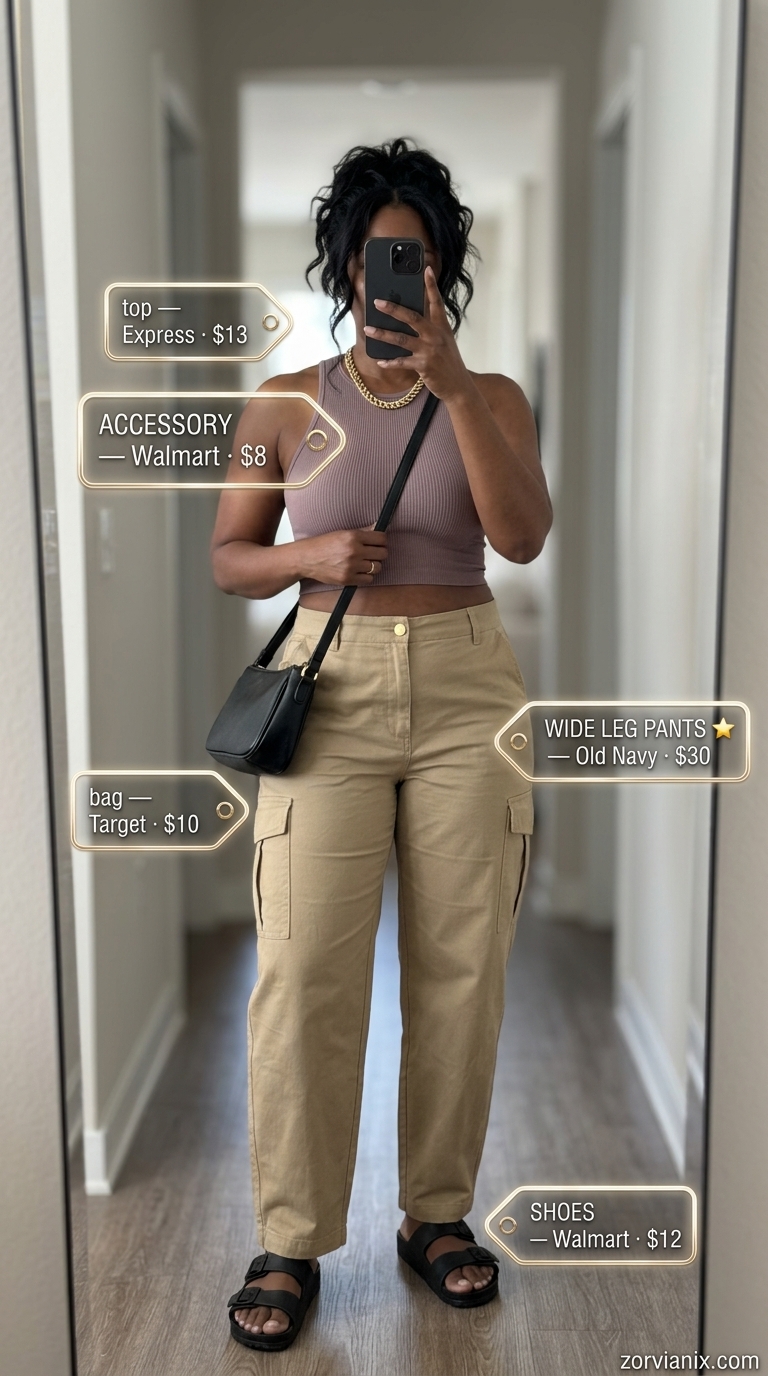 Downtown Utility Chic: Khaki cargo wide leg pants, black crop top, gold chain, city exploration outfit 2026.