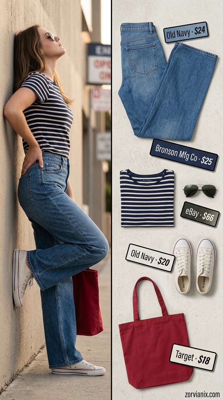 Classic Summer Day: Navy denim wide leg jeans, Breton stripe tee, red tote bag, casual weekend outfit 2026.