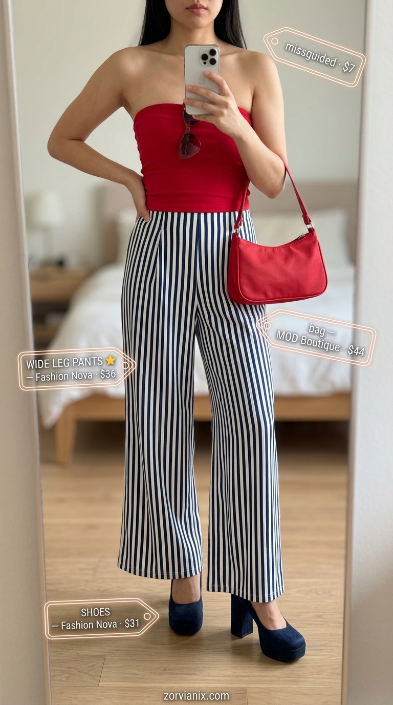 Retro marina day summer wide leg pants outfits for women 2026: navy stripe pants, red bandeau top, cat-eye sunglasses.