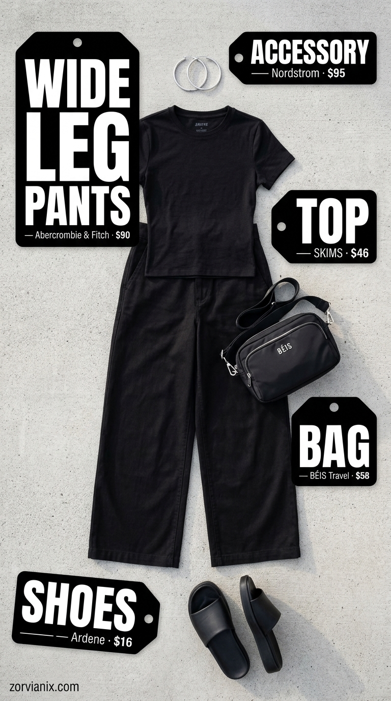 Urban Edge City Stroll: Olive cargo wide leg pants, white oversized shirt, black crop top, edgy city outfit 2026.