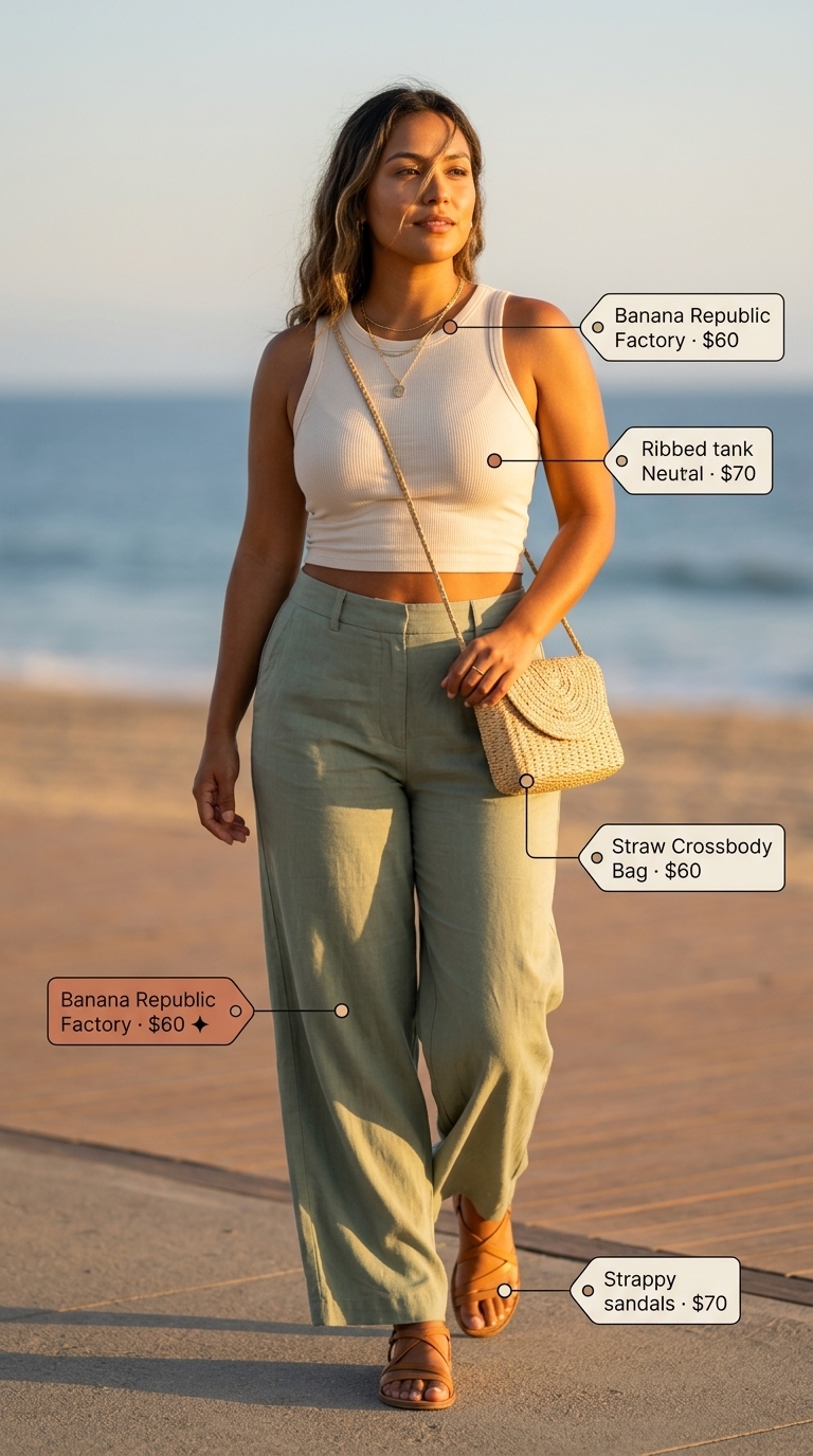 Boardwalk sunset summer wide leg pants outfits for women 2026: sage green pants, cream tank, straw crossbody.