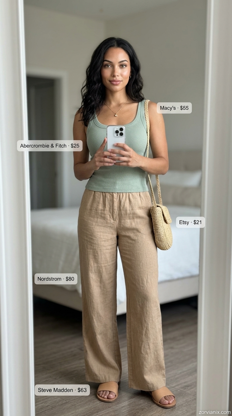 Coastal Linen Dream: Sage green wide leg linen pants, white tank, straw bag, relaxed resort wear outfit 2026.