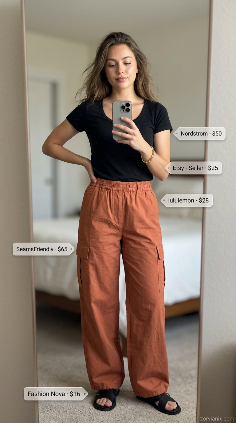 Sunset Safari Chic: Terracotta cargo wide leg pants, black crop top, gold bracelet, adventurous urban outfit 2026.