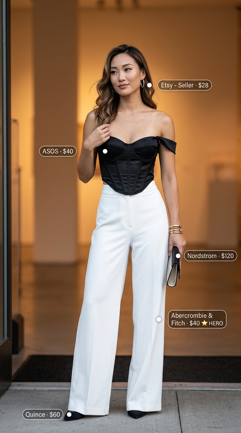 Urban summer power wide leg pants outfits for women 2026: white tailored trousers, black bustier, leather mules.