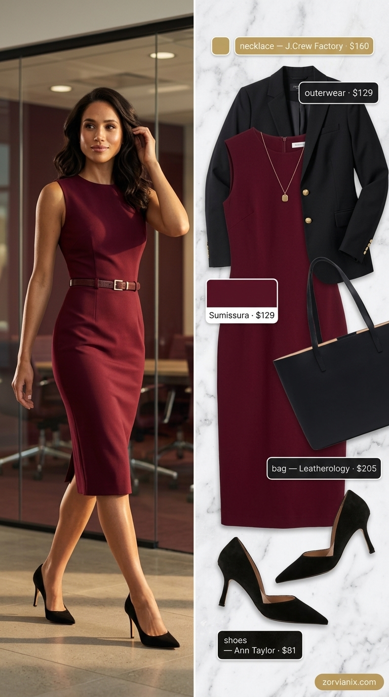 Powerful Summer Work Outfits 2026 Summer work outfits for the office for women 2026: Burgundy sheath dress, black blazer, black pumps, gold necklace.