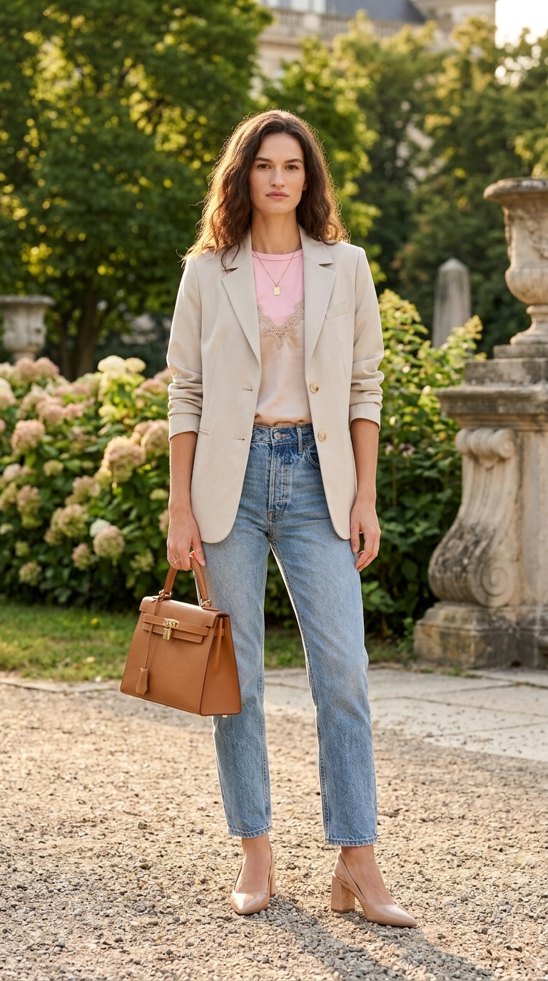 Coastal Professional: Summer Work Outfits 2026 Navy wide-leg trousers & cream blazer: modern summer work outfits for the office for women 2026. Polished.