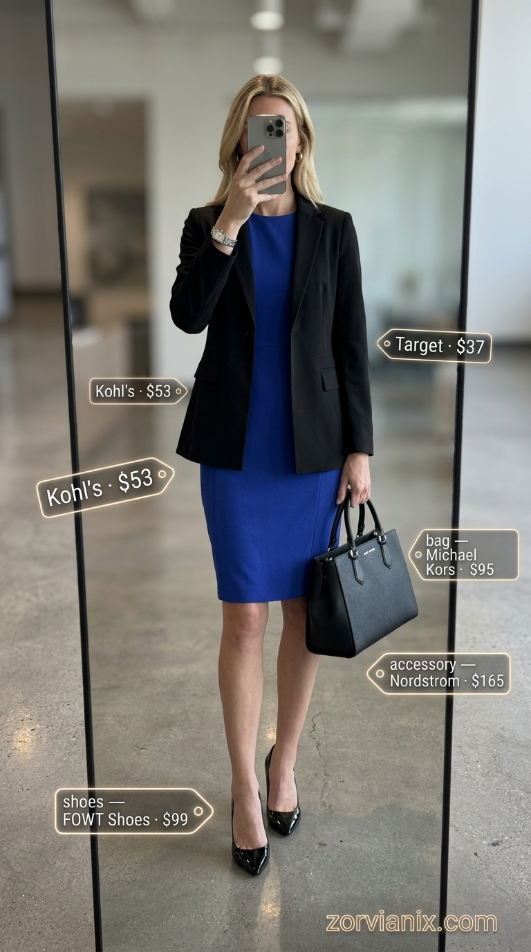 Professional Summer Work Outfits 2026 Summer work outfits for the office for women 2026: Cobalt blue sheath dress, black blazer, black pumps, silver watch.