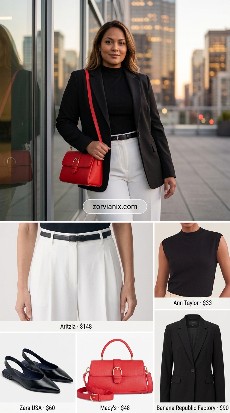 Crisp & Contemporary: Summer Work Outfits 2026 White cropped trousers & red bag: bold summer work outfits for the office for women 2026. Modern & edgy.